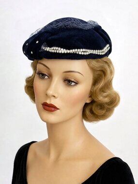 Vintage Navy Blue Velvet Calot Tilt Hat with Rhinestones & Netting. Douglas Hats